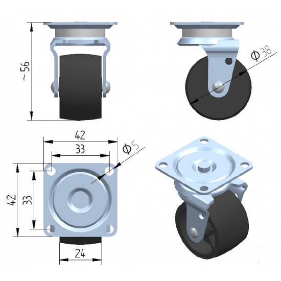 ROLKA MEBLOWA NA ŁOŻYSKU ŚLIZGOWYM FI38 MM