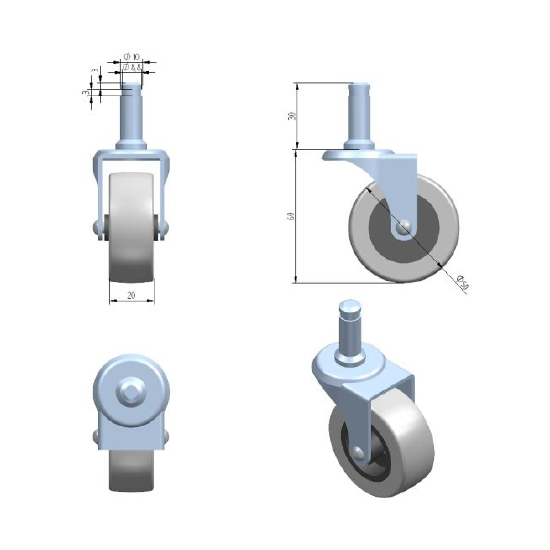 ROLKA MEBLOWA EU Z OPONKĄ FI 50MM Z BOLCEM FI10MM