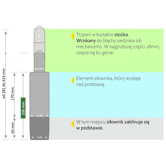 235- siłownik w kolorze chrom do krzeseł i foteli 4 klasa, do 150 kg [zakres regulacji od 281-414 mm]