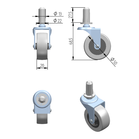 ROLKA MEBLOWA EU Z OPONKĄ FI 50MM Z BOLCEM FI8MM I TULEJĄ FI13MM
