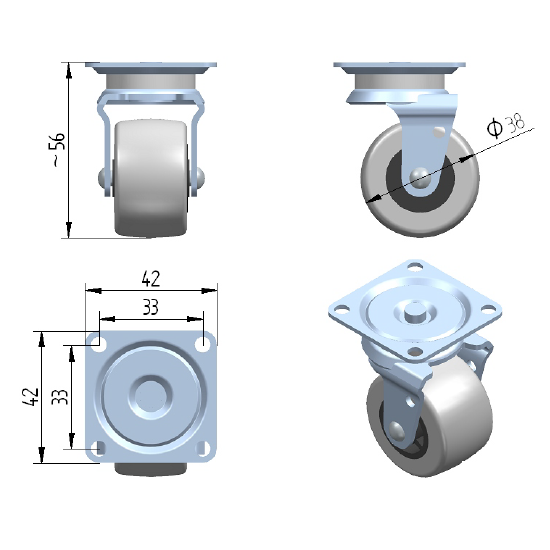 ROLKA NA ŁOŻYSKU ŚLIZGOWYM EU Z OPONKĄ FI 38 MM